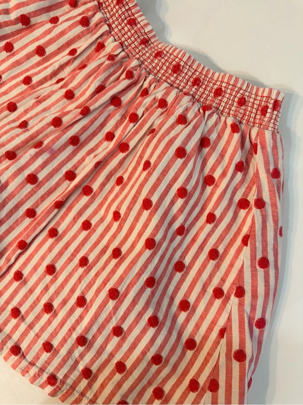 Mini Boden Pink and White Polka Dot Smocked Skirt Size 7 8 Textured Striped